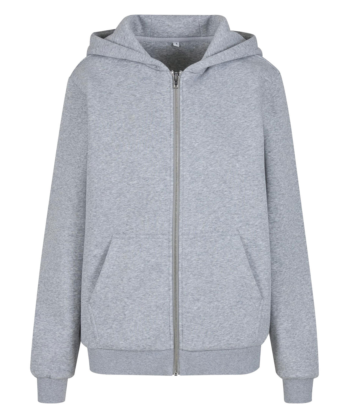 Build Your Brand Women’s fluffy zip hoodie in Heather Grey, front view