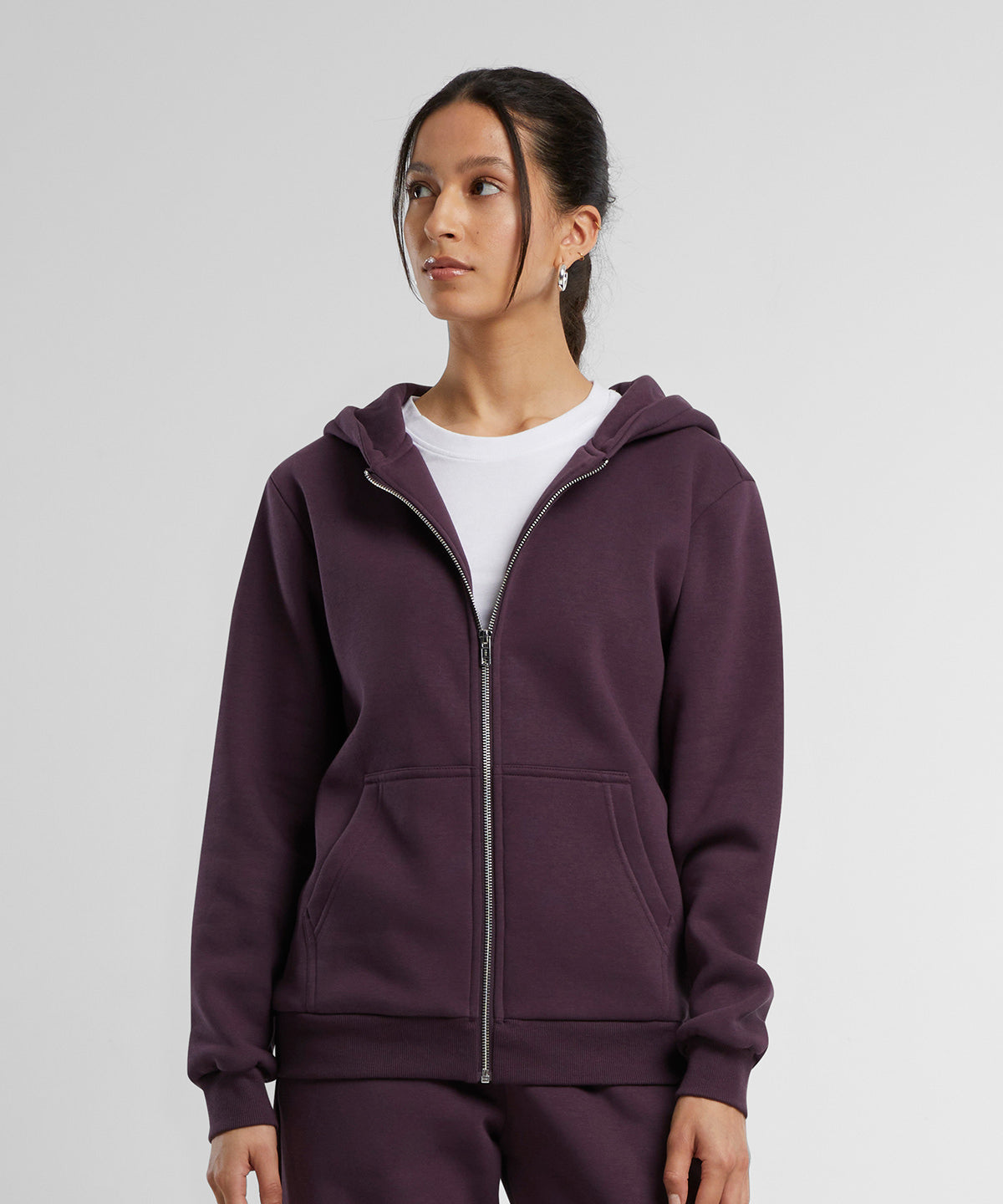 Build Your Brand Women’s fluffy zip hoodie, lifestyle photo