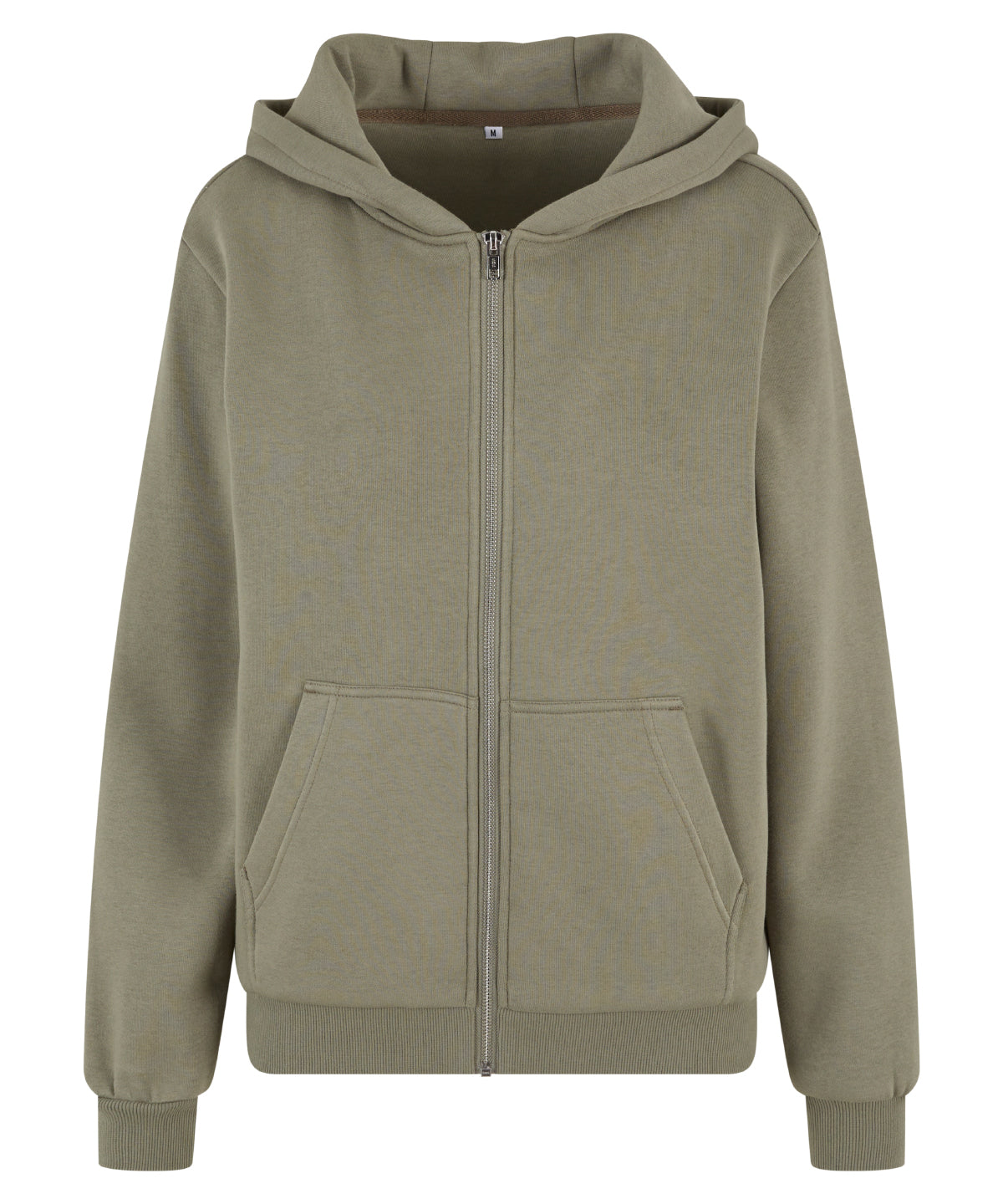Build Your Brand Women’s fluffy zip hoodie in Pale Olive, front view