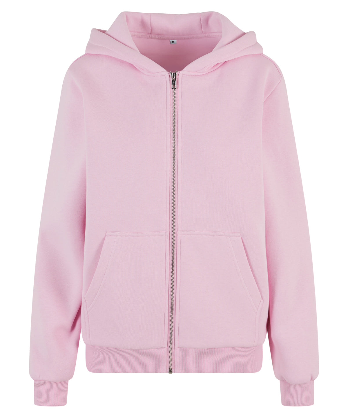 Build Your Brand Women’s fluffy zip hoodie in Soft Pink, front view