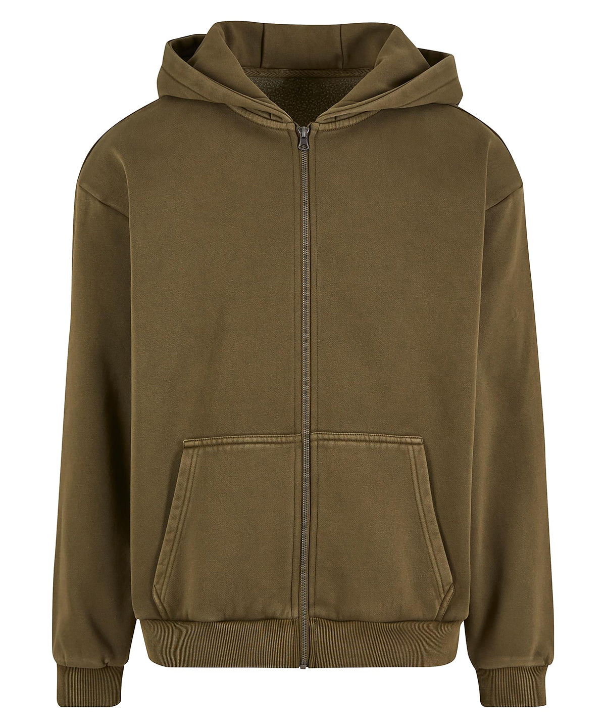 Build Your Brand Vintage heavy zip hoodie in Olive, front view