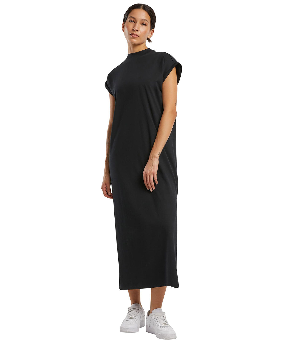 Build Your Brand Women’s long extended shoulder dress, lifestyle photo