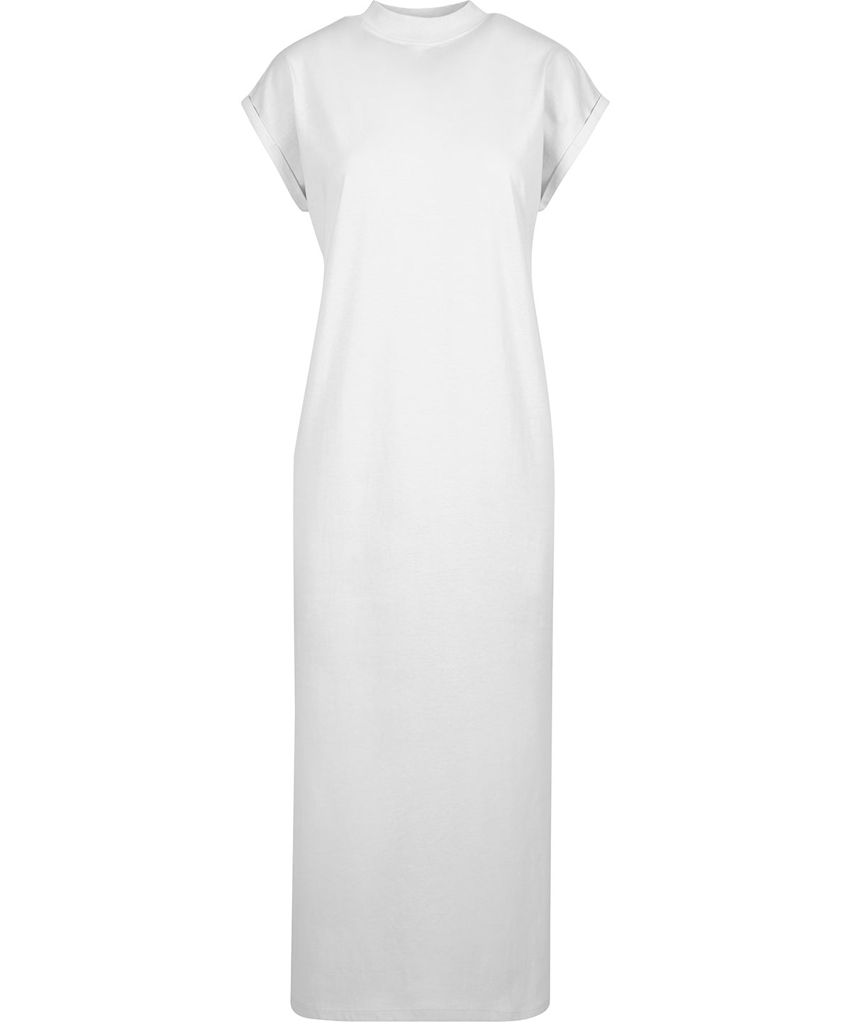 Build Your Brand Women’s long extended shoulder dress in White, front view