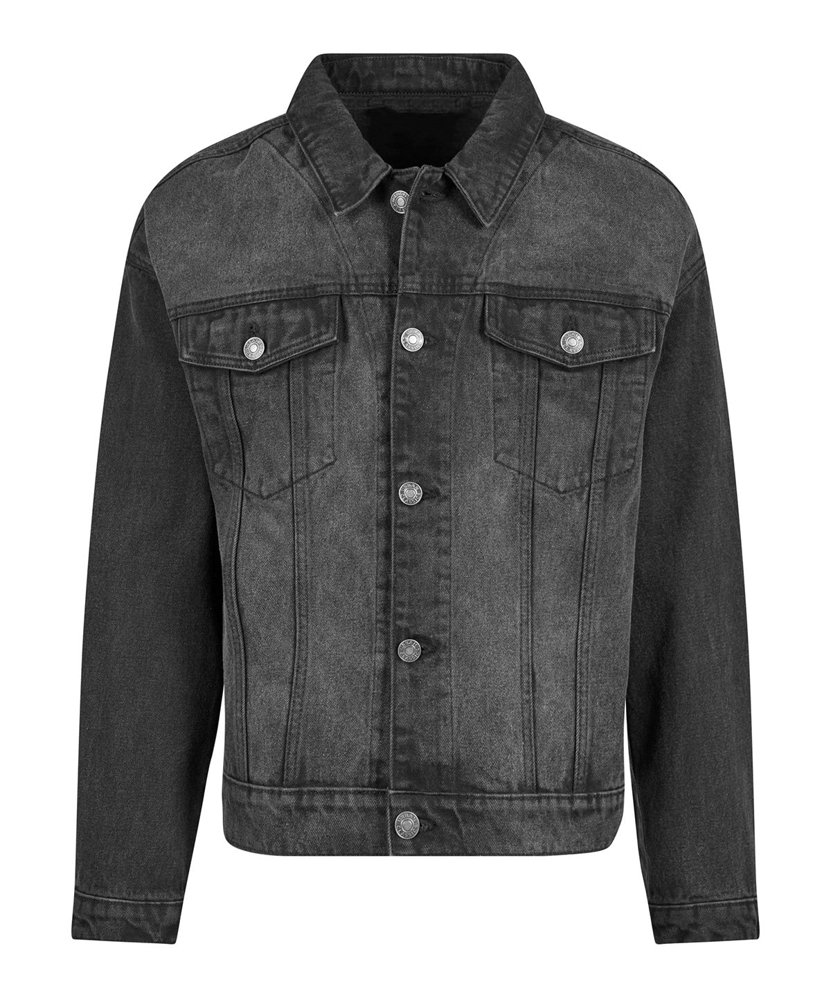 Build Your Brand Heavy ounce boxy denim jacket in Black Washed, front view