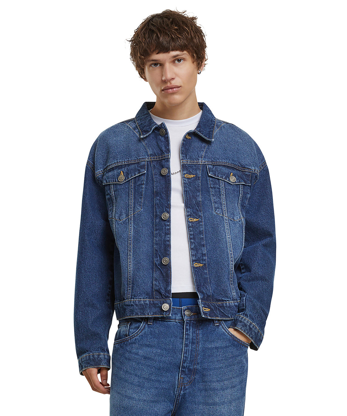 Build Your Brand Heavy ounce boxy denim jacket, lifestyle photo