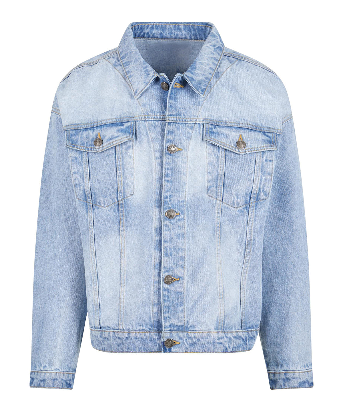 Build Your Brand Heavy ounce boxy denim jacket in New Light Blue Washed, front view