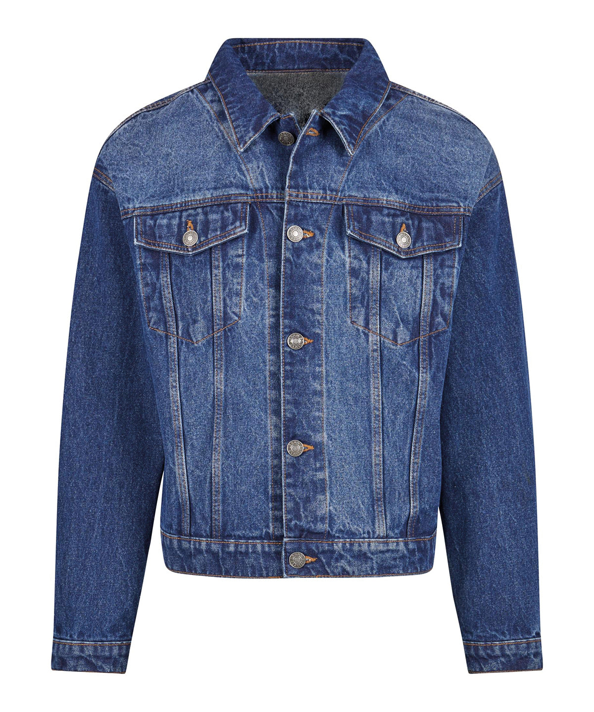 Build Your Brand Heavy ounce boxy denim jacket in New Mid Blue Washed, front view
