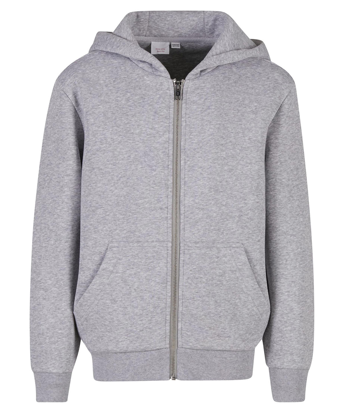 Build Your Brand Kids fluffy zip hoodie in Heather Grey, front view