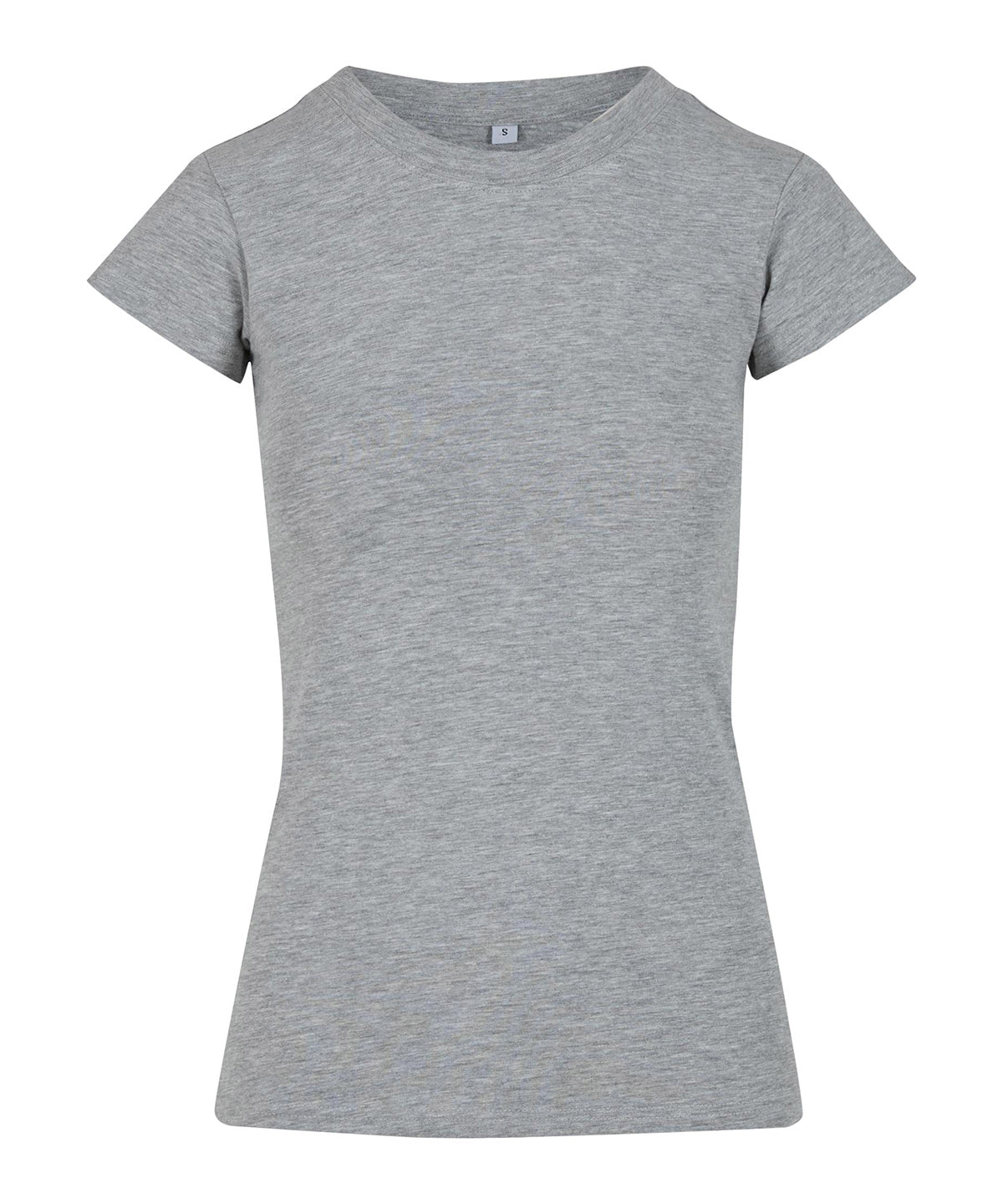 Build Your Brand Women’s stretch tee in Heather Grey, front view