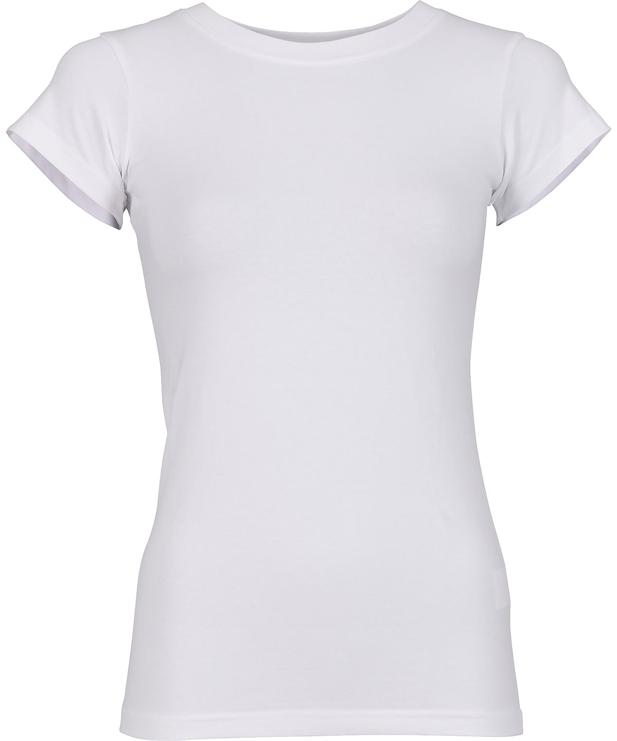 Build Your Brand Women’s stretch tee, lifestyle photo
