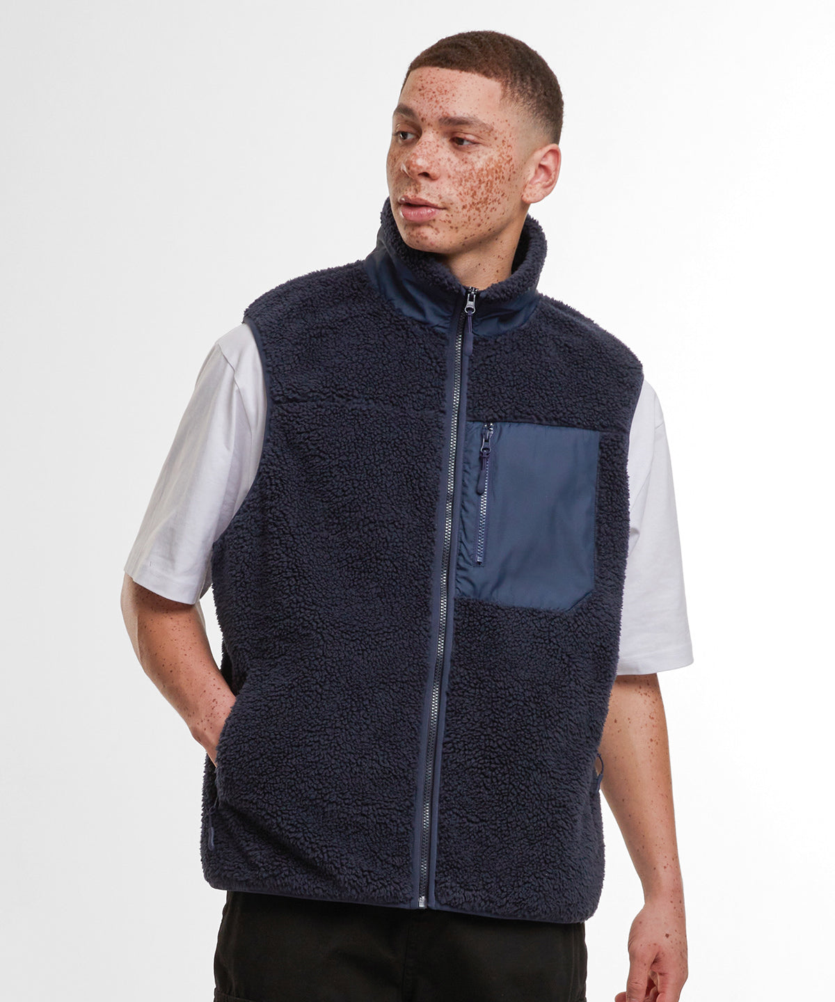 Build Your Brand Bonded sherpa vest, lifestyle photo