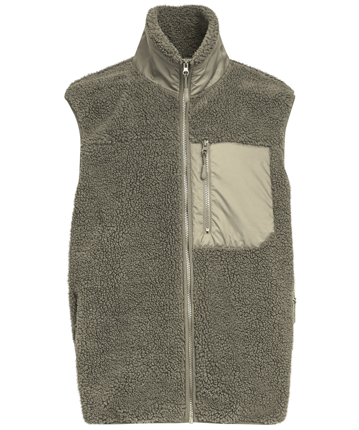 Build Your Brand Bonded sherpa vest in Pale Olive, front view