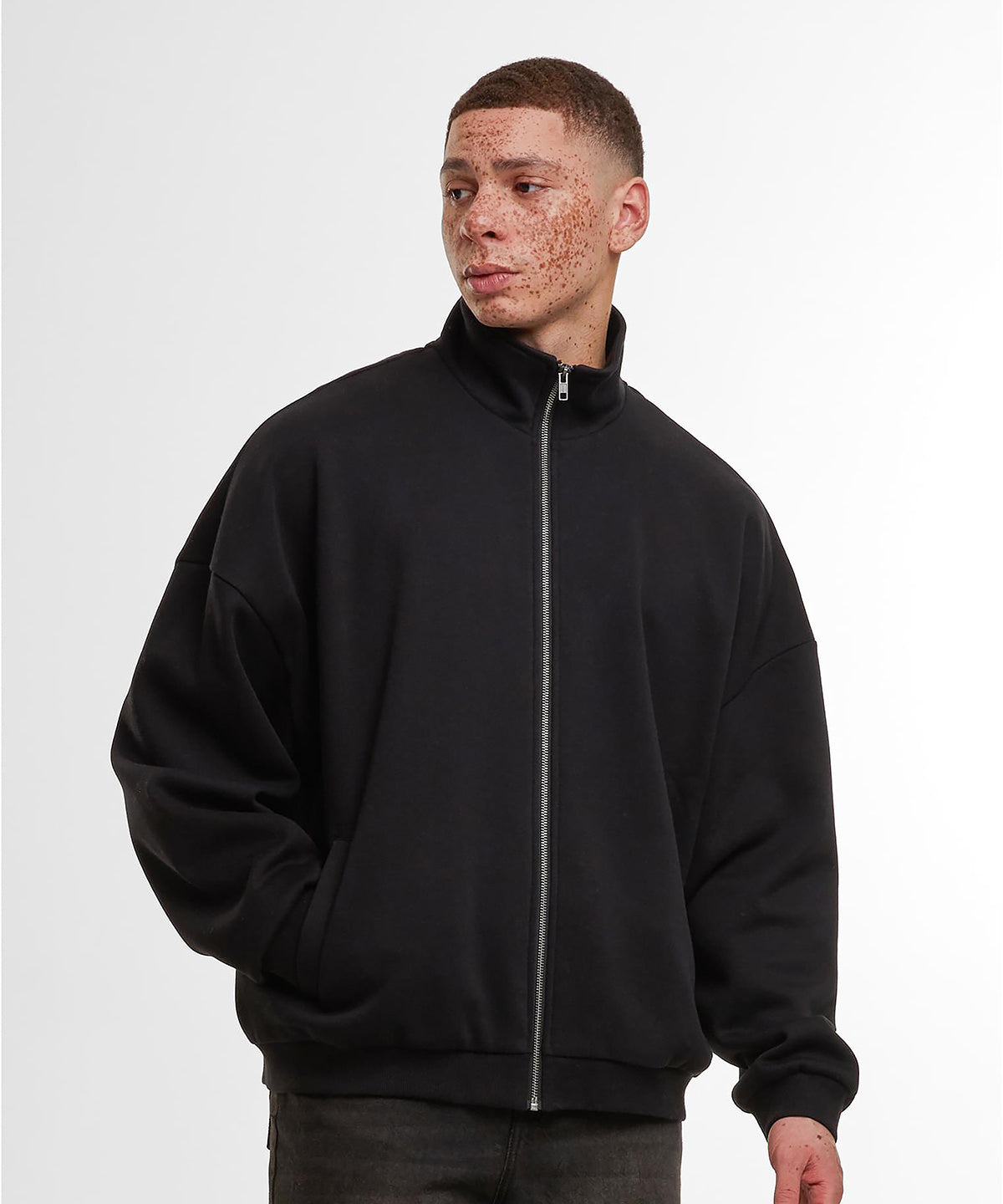Build Your Brand Oversized zip jacket in Black, lifestyle photo