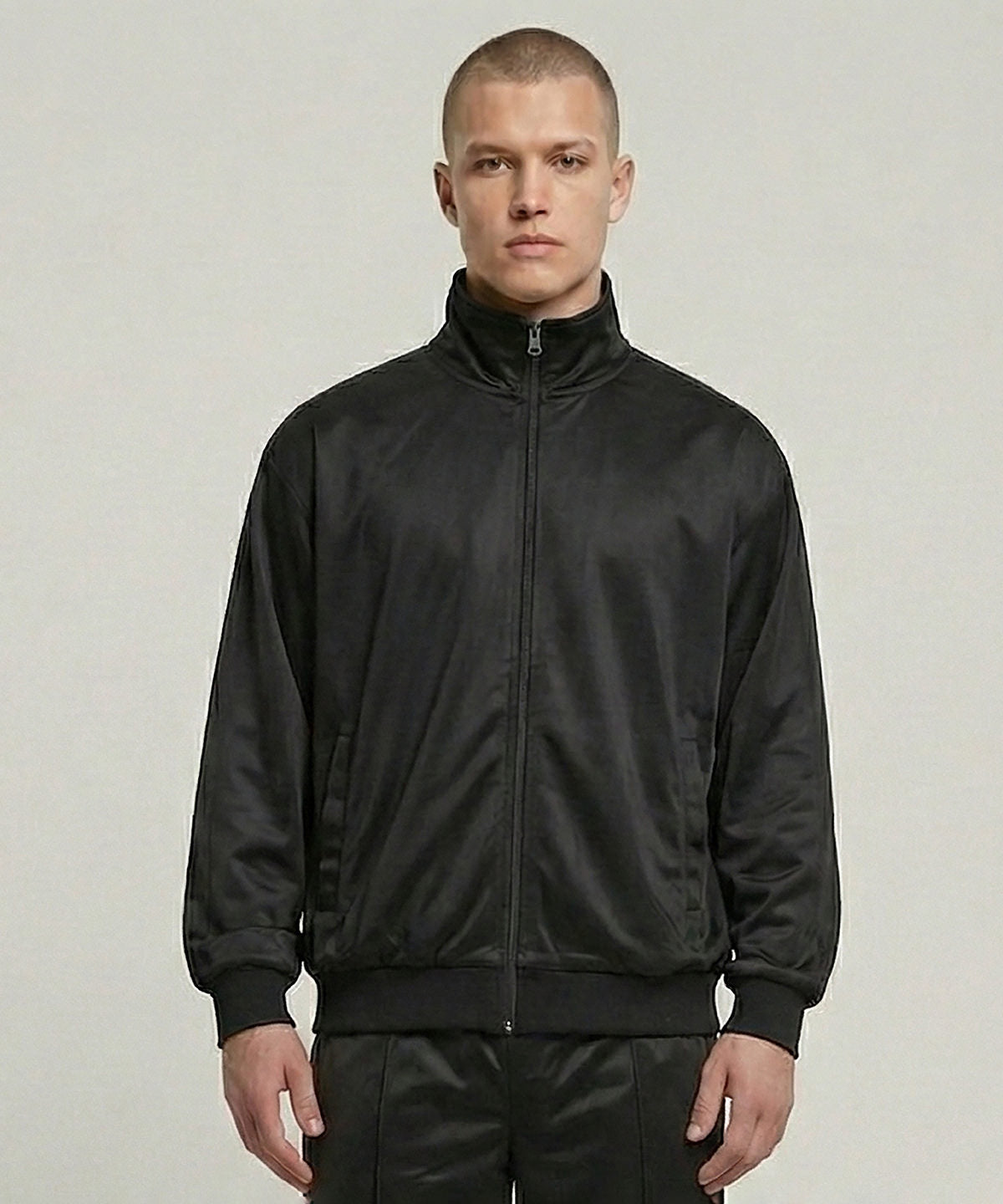Build Your Brand Tricot track jacket in Black, lifestyle photo