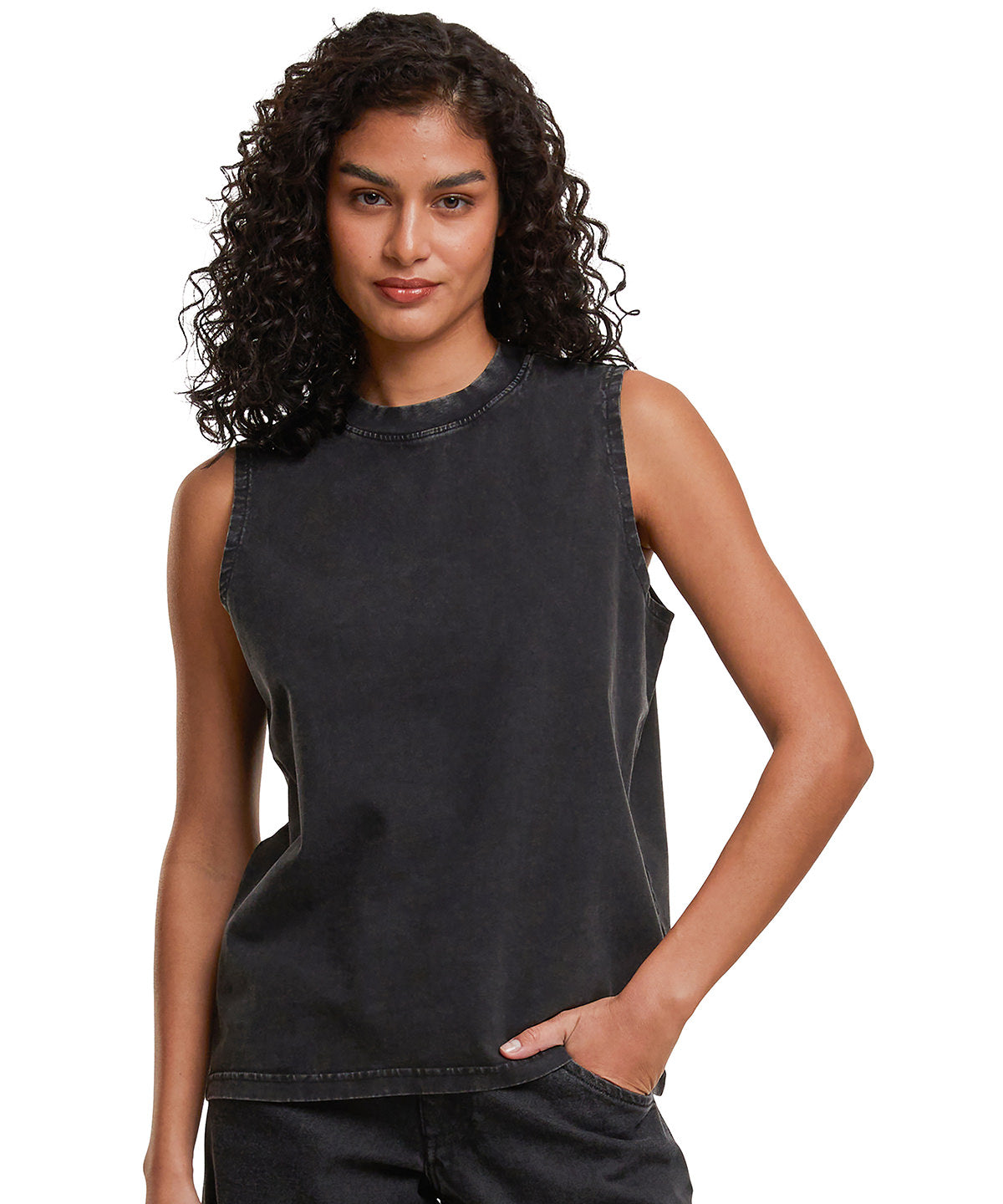 Build Your Brand Women’s vintage washed sleeveless tee, lifestyle photo