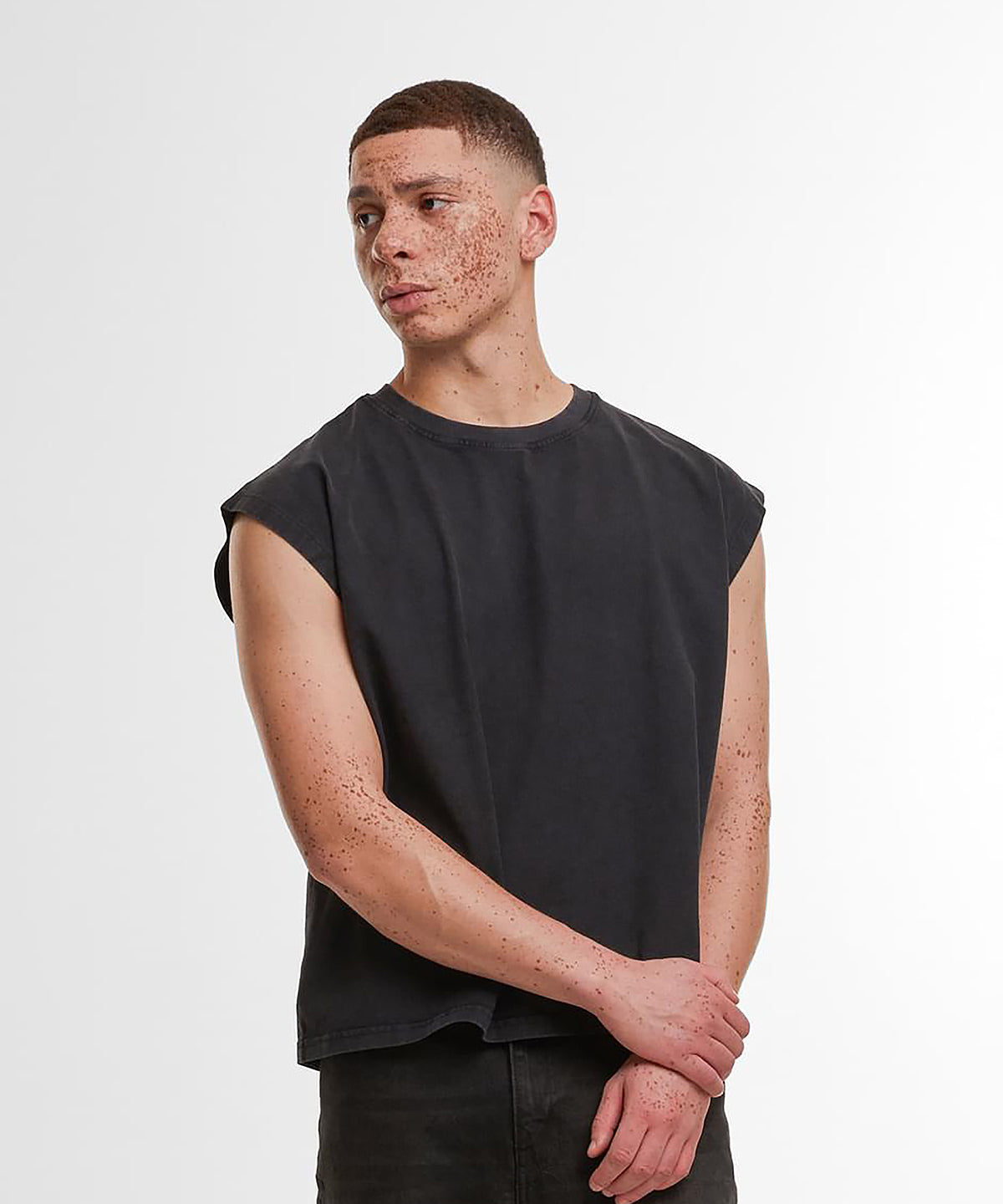 Build Your Brand Vintage cropped heavy sleeveless tee, lifestyle photo