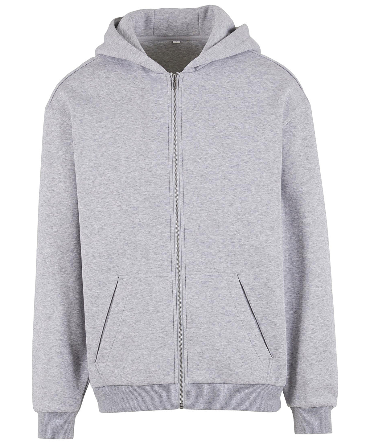 Build Your Brand Loose-fit zip hoodie in Heather Grey, front view