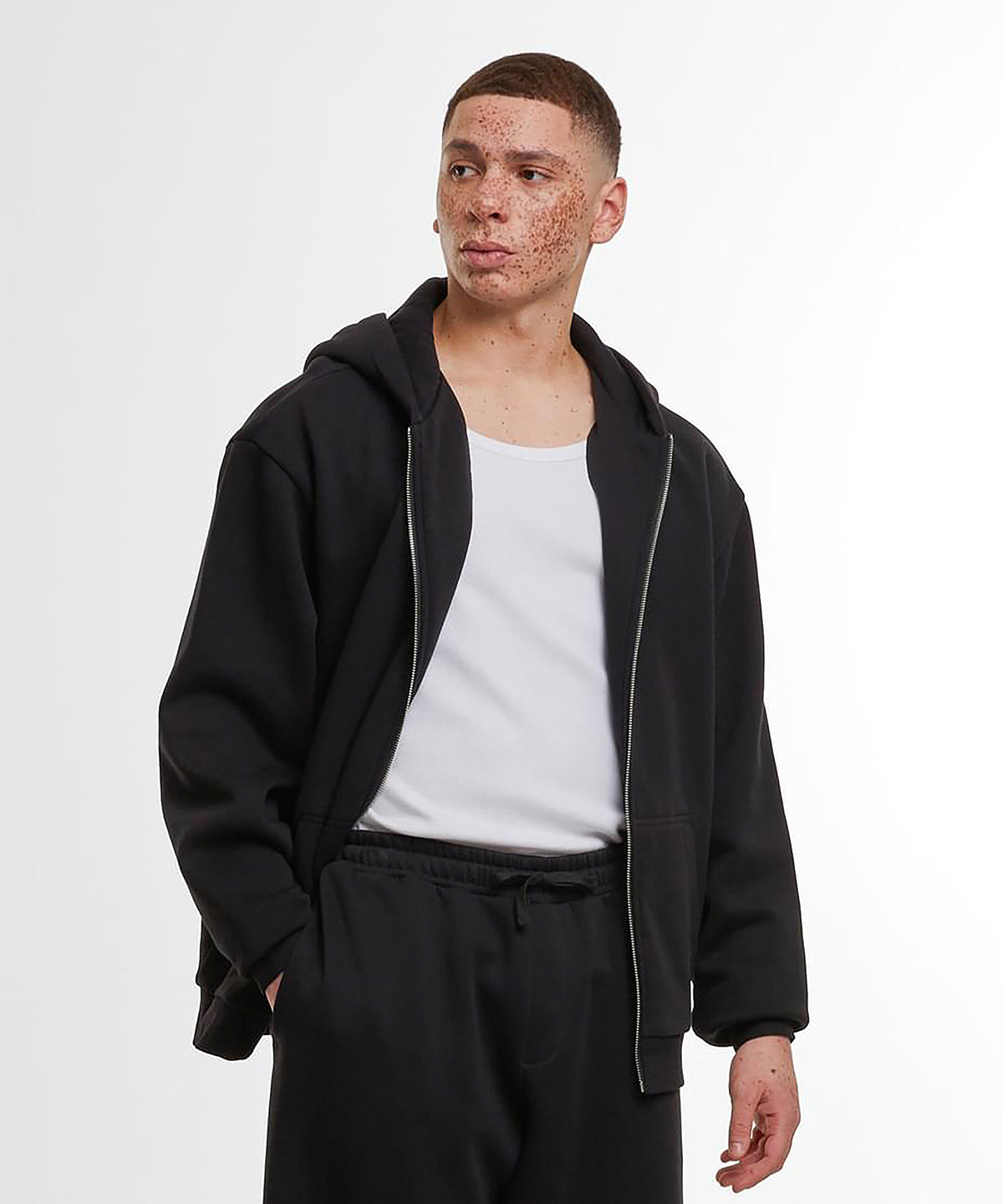 Build Your Brand Loose-fit zip hoodie, lifestyle photo