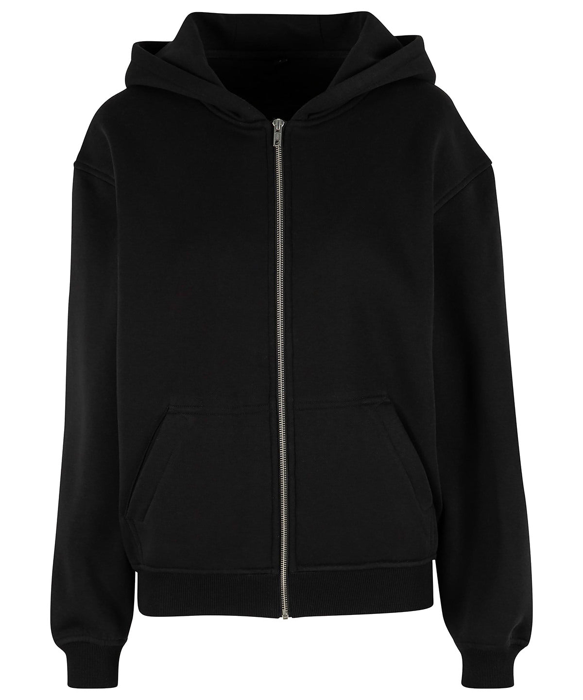 Build Your Brand Women’s loose-fit zip hoodie in Black, front view