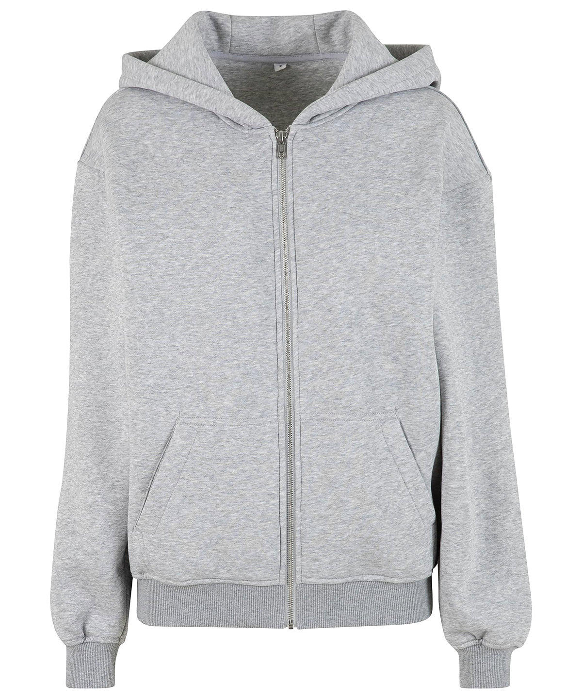 Build Your Brand Women’s loose-fit zip hoodie in Heather Grey, front view