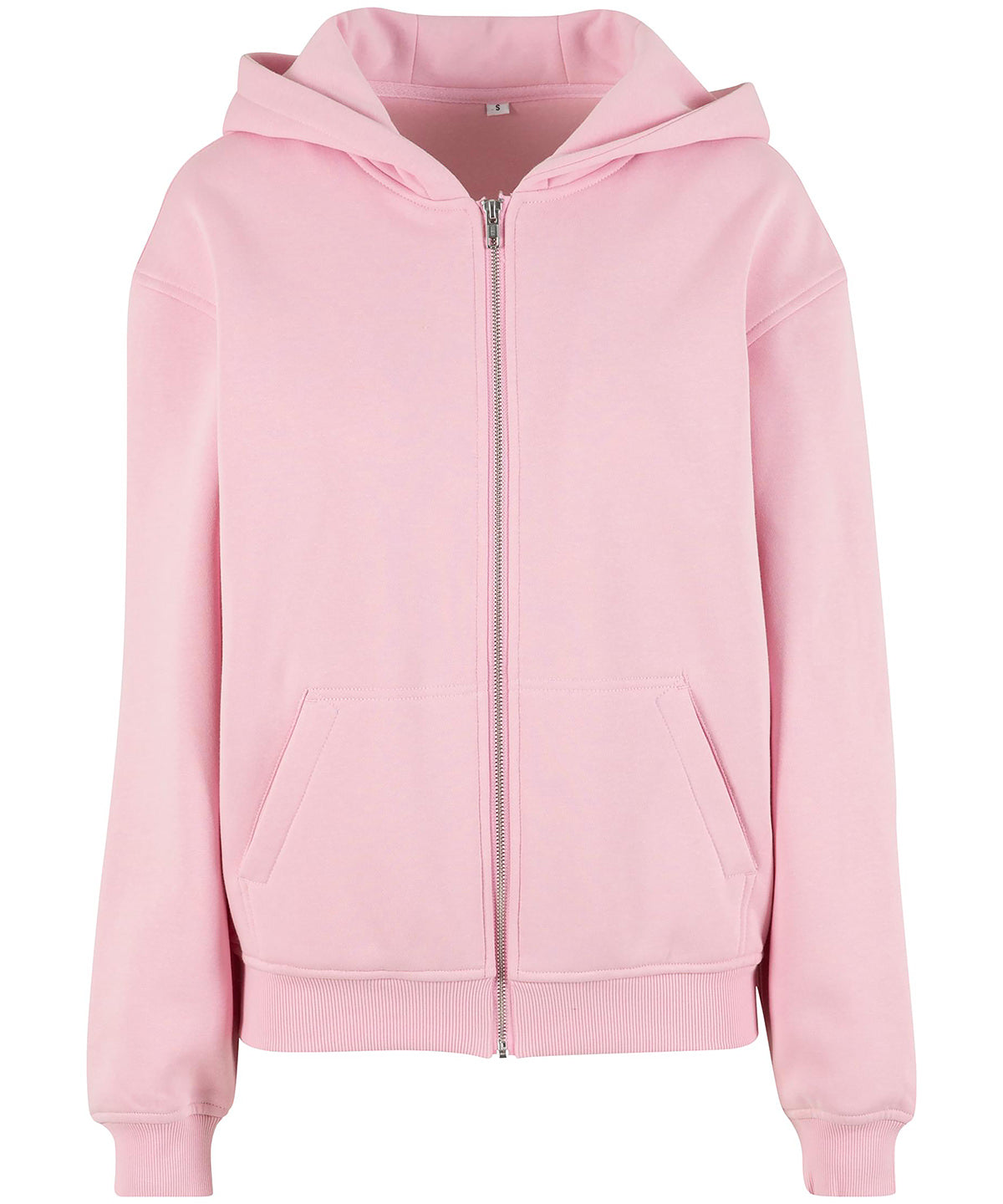 Build Your Brand Women’s loose-fit zip hoodie in Soft Pink, front view