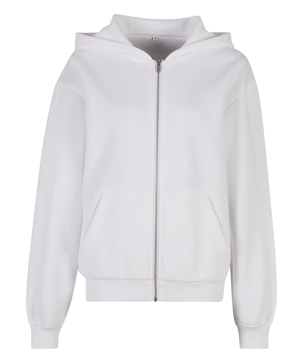Build Your Brand Women’s loose-fit zip hoodie in White, front view