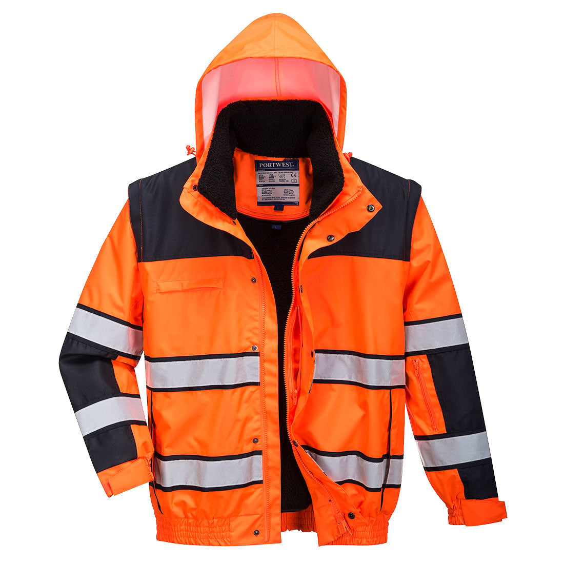 Portwest Hi-Vis 3-in-1 Contrast Winter Bomber Jacket in Orange/Black, main product image