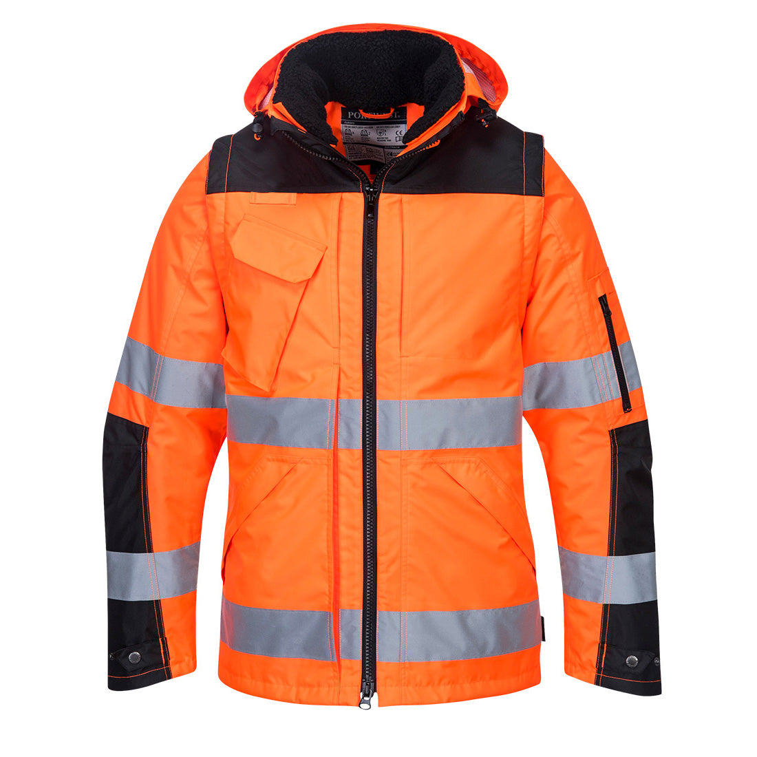 Portwest Hi-Vis 3-in-1 Contrast Winter Pro Jacket in Orange/Black, main product image