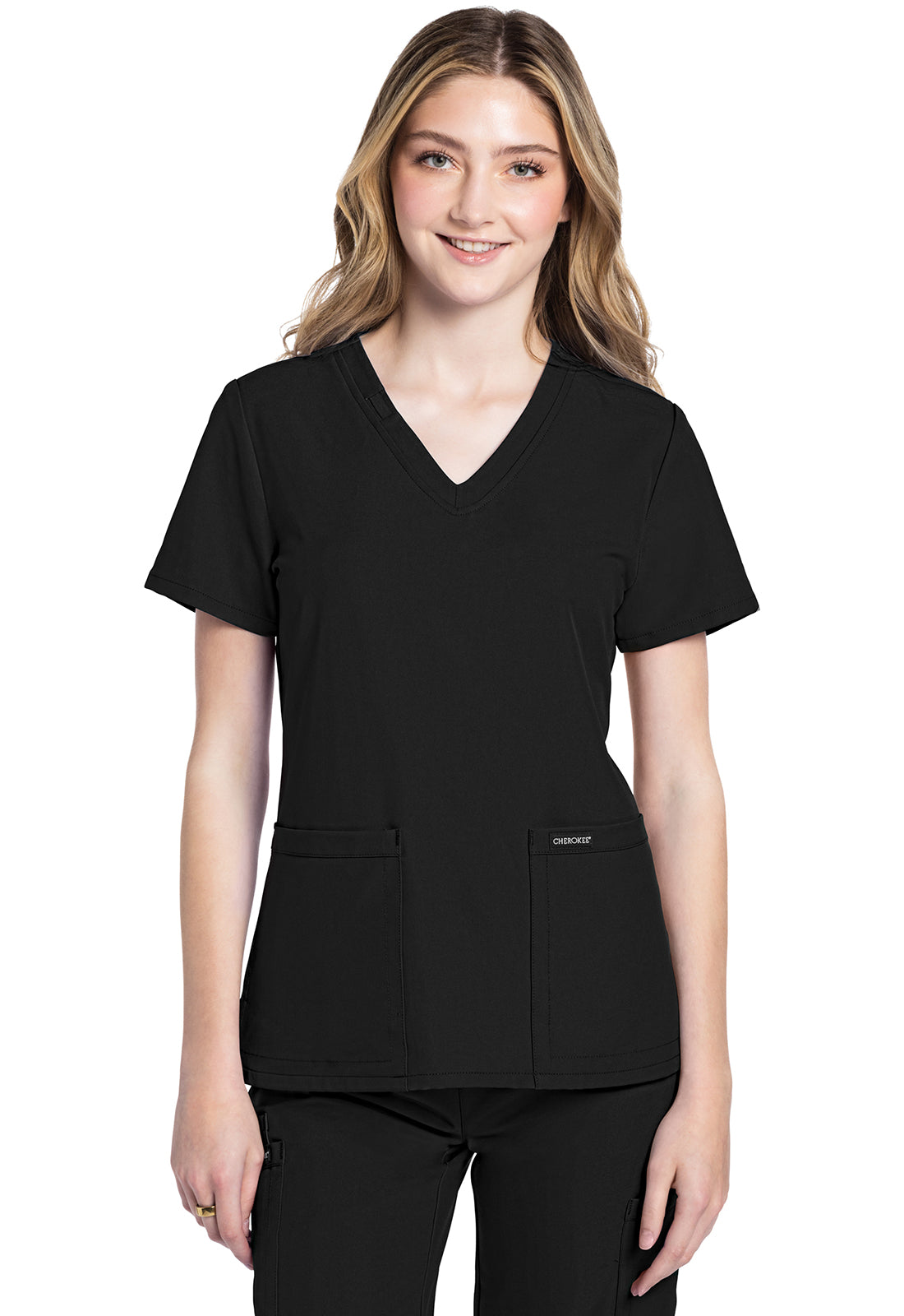 Cherokee CKE953A 2 pocket V-Neck Top - Black (front)