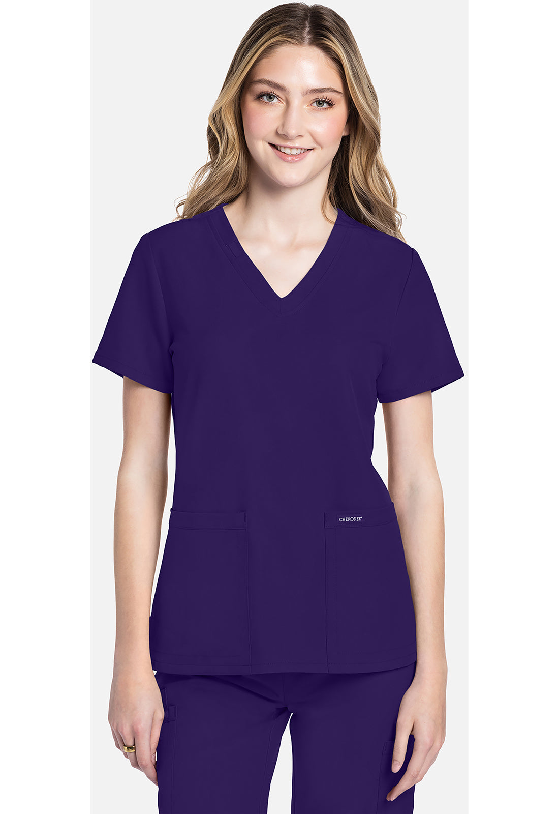 Cherokee CKE953A 2 pocket V-Neck Top - Grape (front)