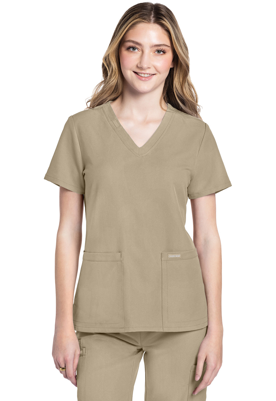 Cherokee CKE953A 2 pocket V-Neck Top - Khaki (front)