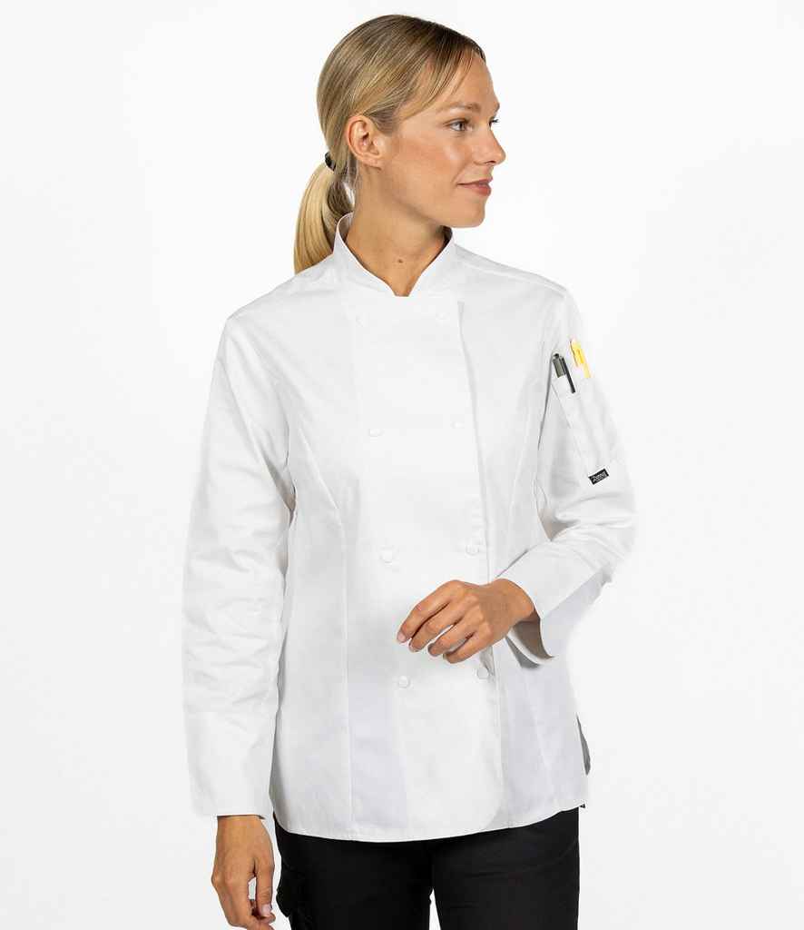 Dennys Ladies Long Sleeve Premium Chef's Jacket, front view