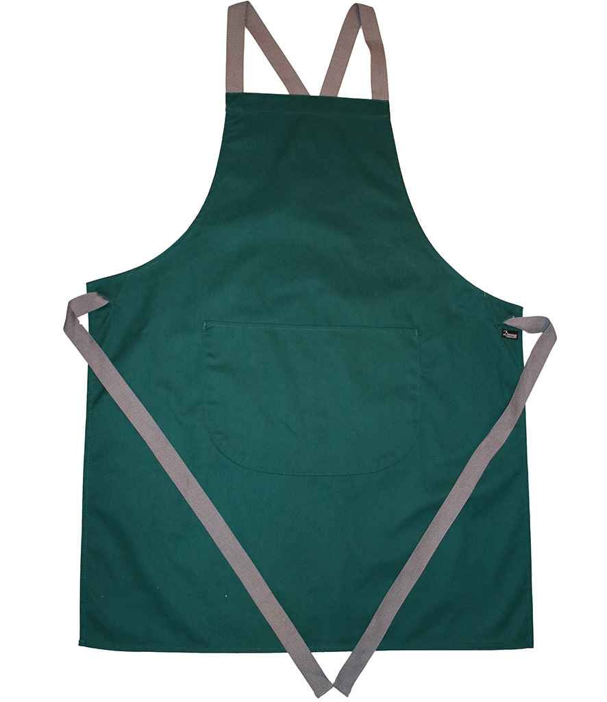 Dennys Cross Back Apron in Bottle Green, front view