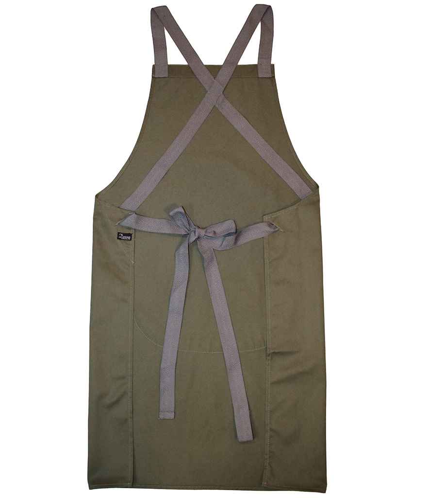 Dennys Cross Back Apron in Olive Green, back view