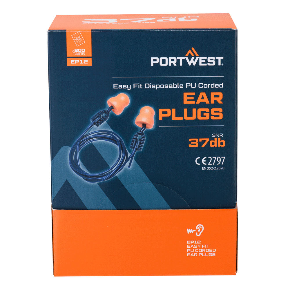 Portwest EP12 Easy Fit PU Ear Plugs Corded (200 Pairs) in Orange, back view