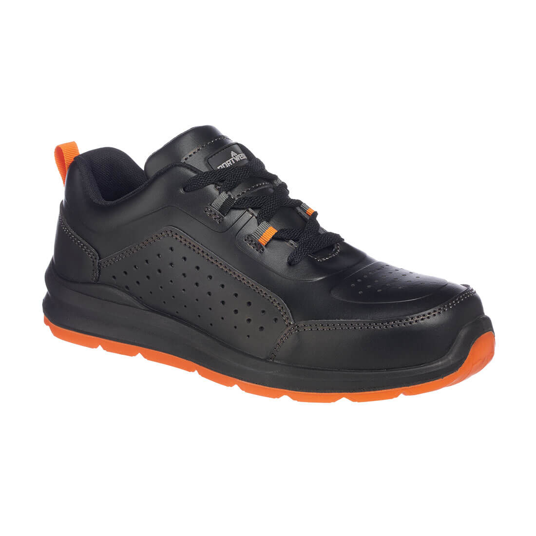 Portwest Composite Action Leather Trainer S1P SRC in Black/Orange, main product image