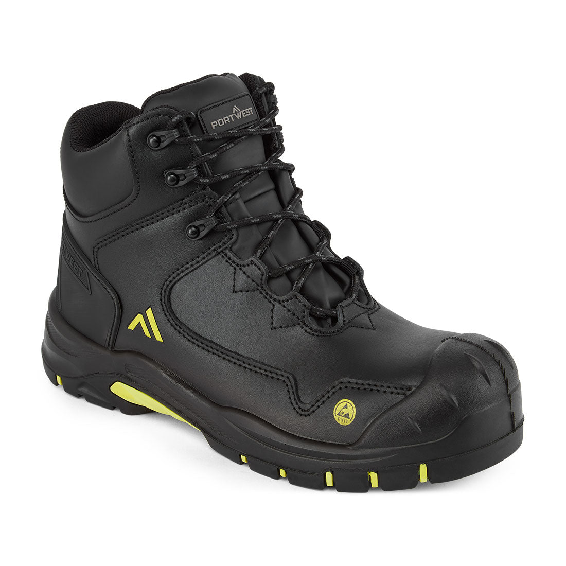 Portwest Composite Action Leather Mid Boot S3S ESD HRO SR SC FO in Black/Yellow, image 2