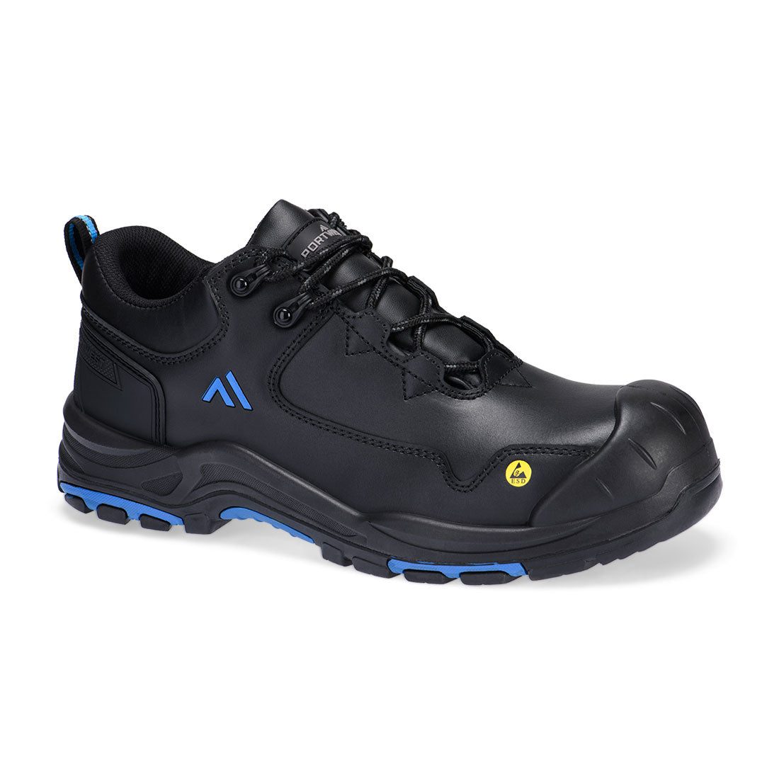 Portwest FC19 Composite Action Leather Low Shoe S3S ESD HRO SR SC FO in Black/Blue, back view