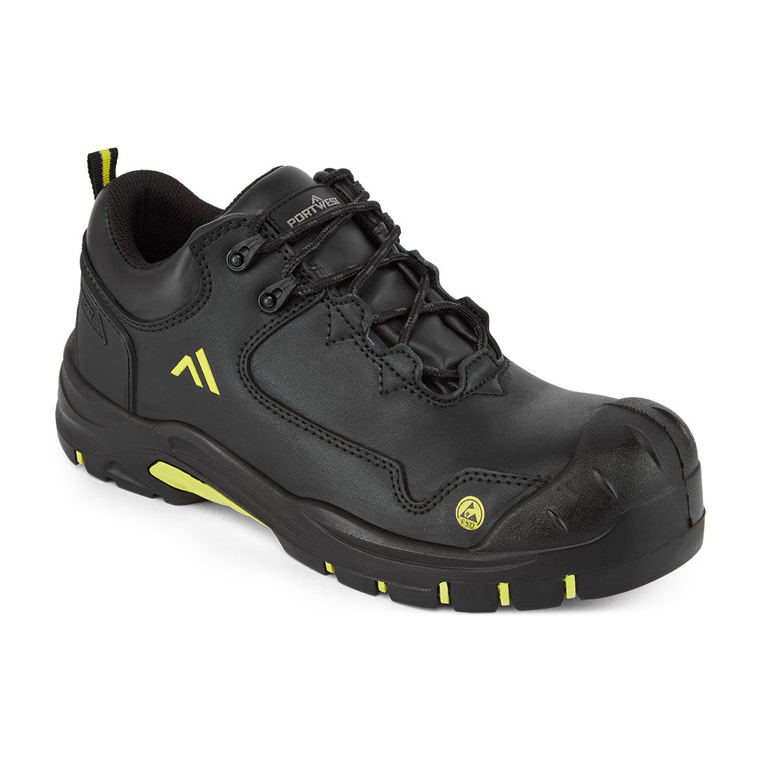 Portwest Composite Action Leather Low Shoe S3S ESD HRO SR SC FO in Black/Yellow, image 2