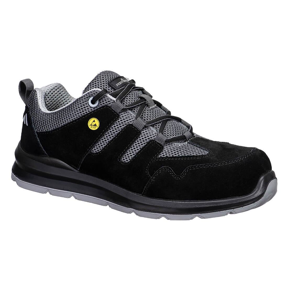 Portwest Composite Cow Suede Leather Trainer S1 ESD SR FO in Black/Grey, main product image