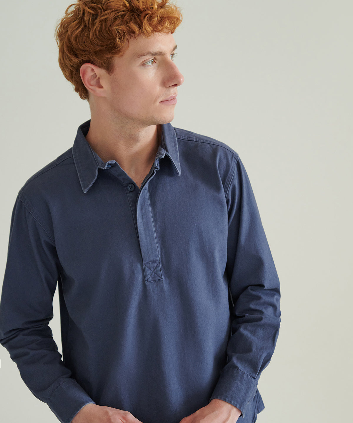 Front Row Pullover drill shirt in Washed Navy, lifestyle photo