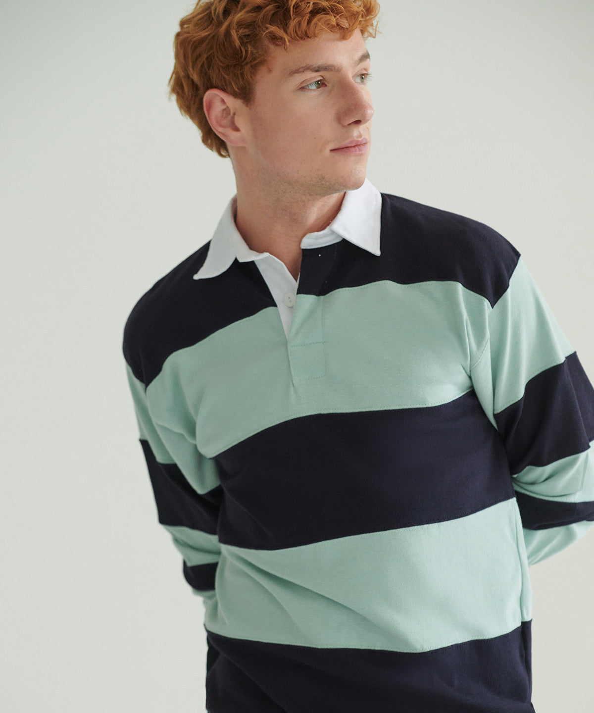 Front Row Sewn stripe long sleeve rugby shirt, lifestyle photo