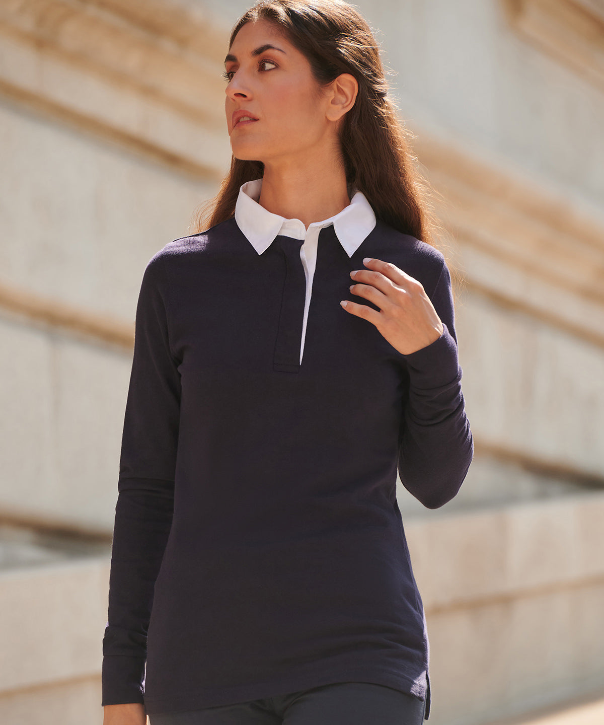 Front Row Women's long sleeve plain rugby shirt, lifestyle photo