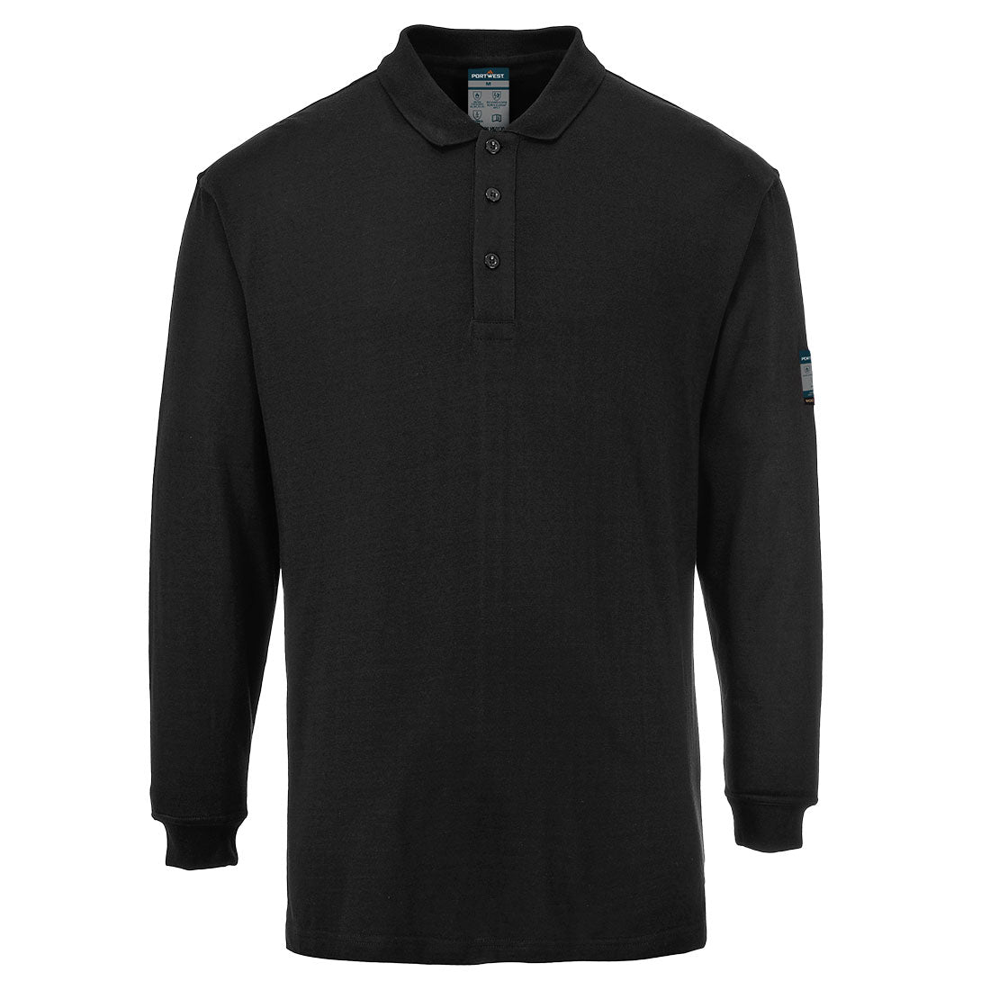 Portwest Modaflame Knit FR Long Sleeve Polo Shirt in Black, main product image