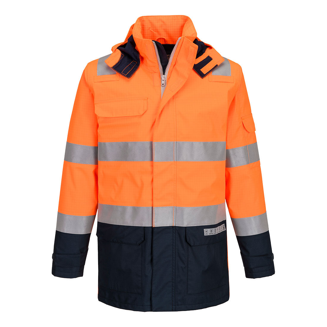 Portwest Bizflame Rain+ Hi-Vis Multi-Norm Contrast FR Jacket in Orange/Navy, main product image