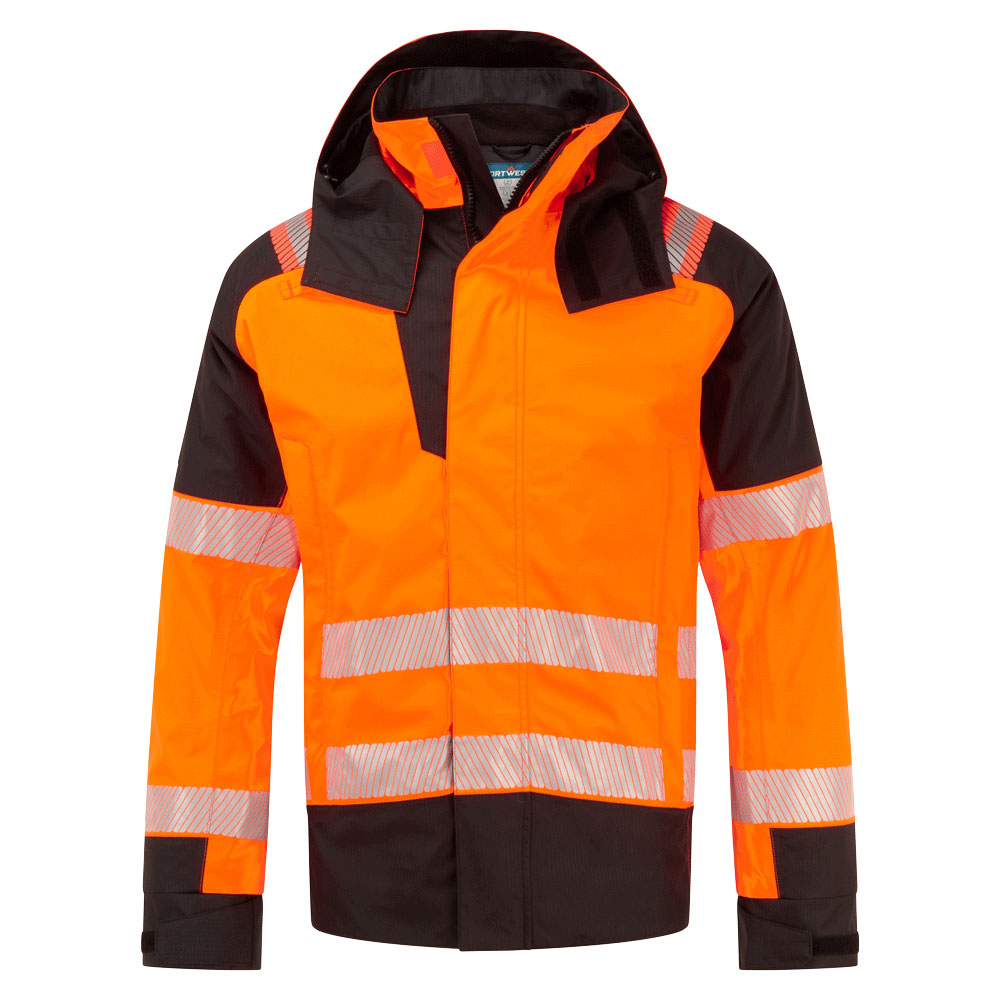 Portwest PW3 Modaflame Rain+ Hi-Vis Multi-Norm FR Winter Jacket in Orange/Black, main product image