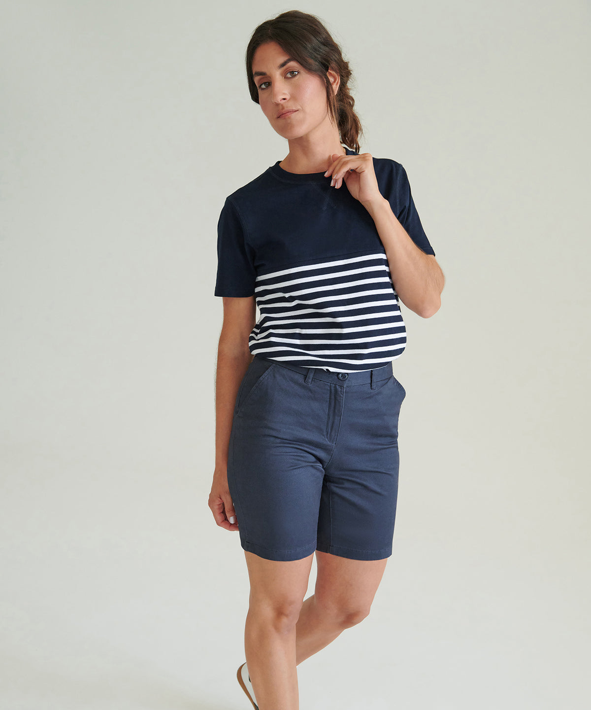 Front Row Women's stretch chino shorts in Navy, lifestyle photo