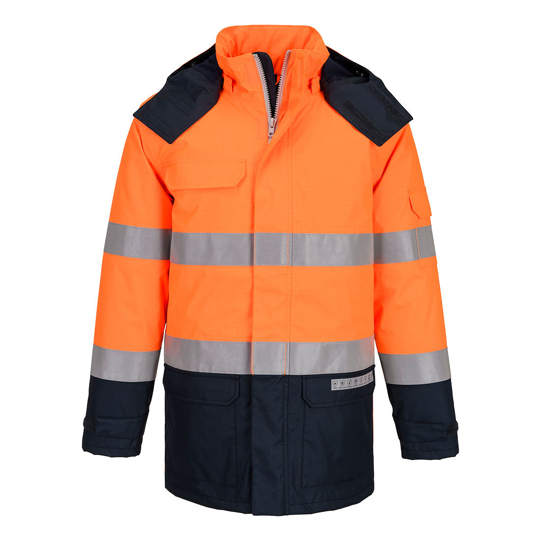 Portwest Bizflame Rain+ Hi-Vis Multi-Norm Contrast FR Winter Jacket in Orange/Navy, main product image