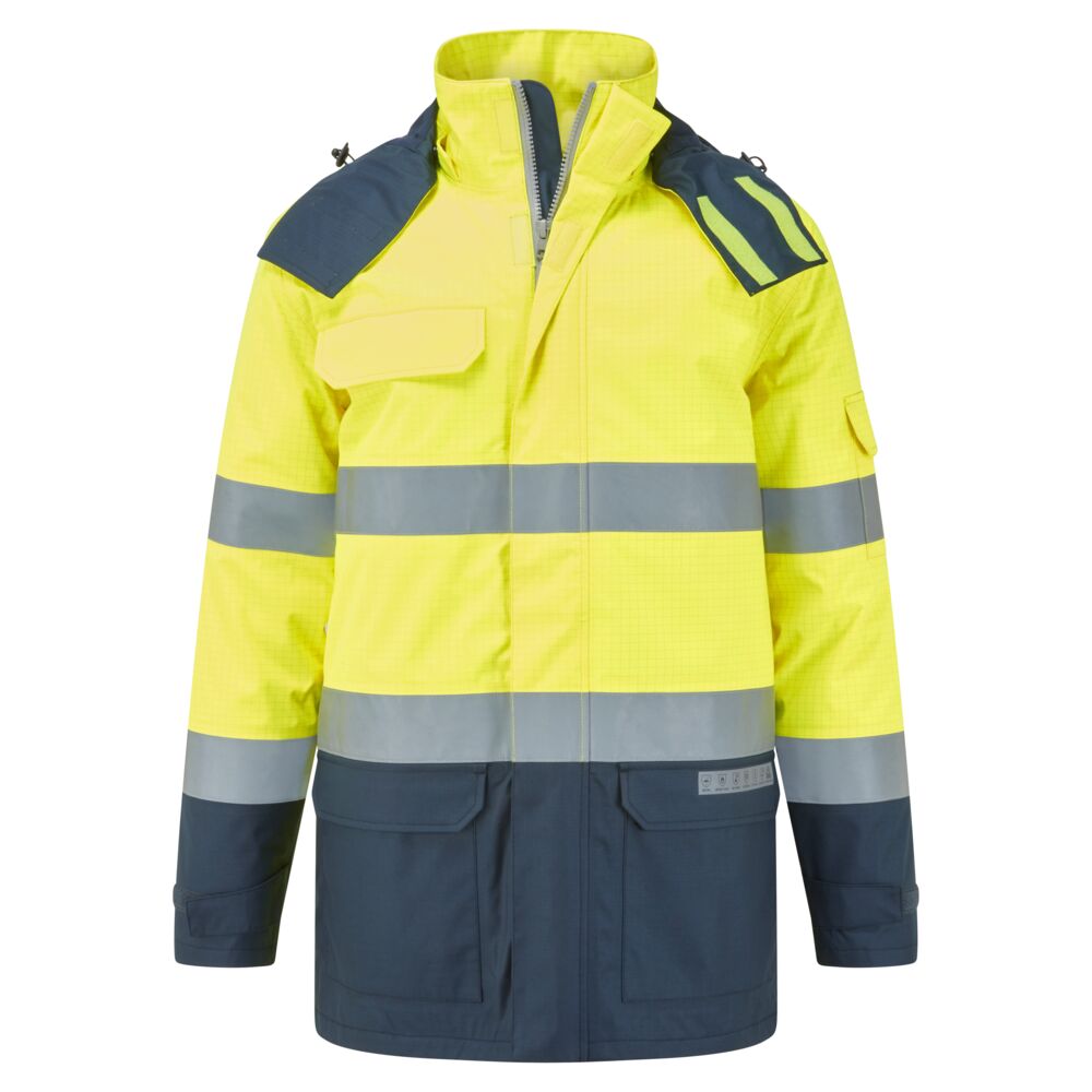 Portwest Bizflame Rain+ Hi-Vis Multi-Norm Contrast FR Winter Jacket in Yellow/Navy, image 2