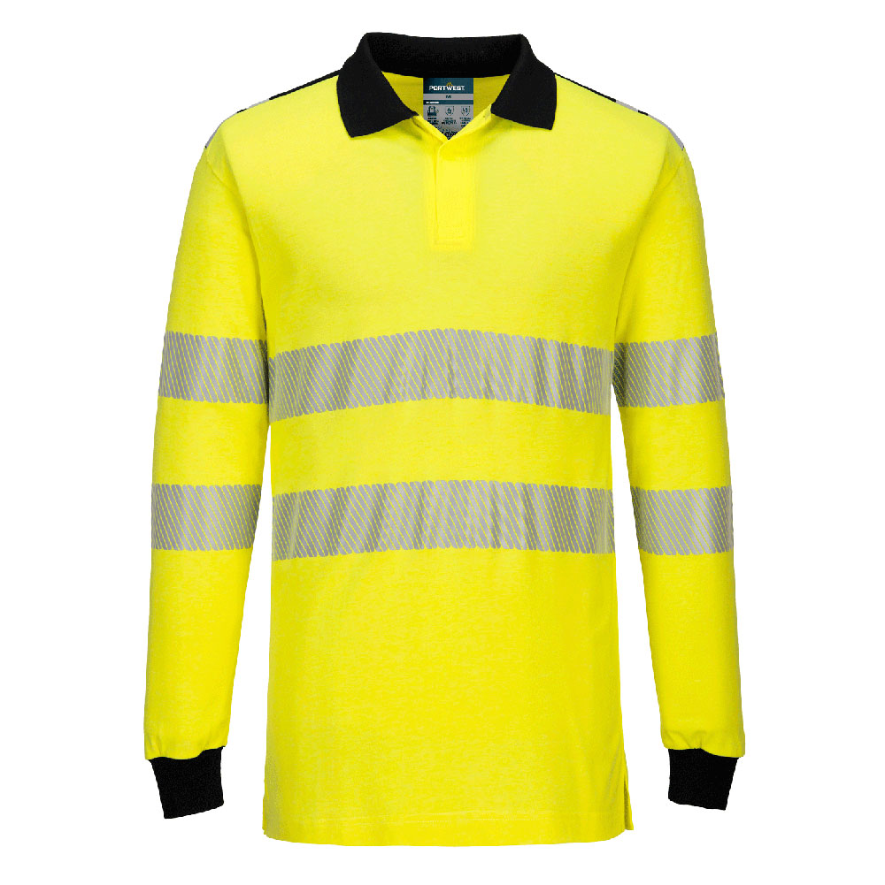 Portwest PW3 Modaflame Knit Hi-Vis FR Long Sleeve Polo Shirt in Yellow/Black, main product image